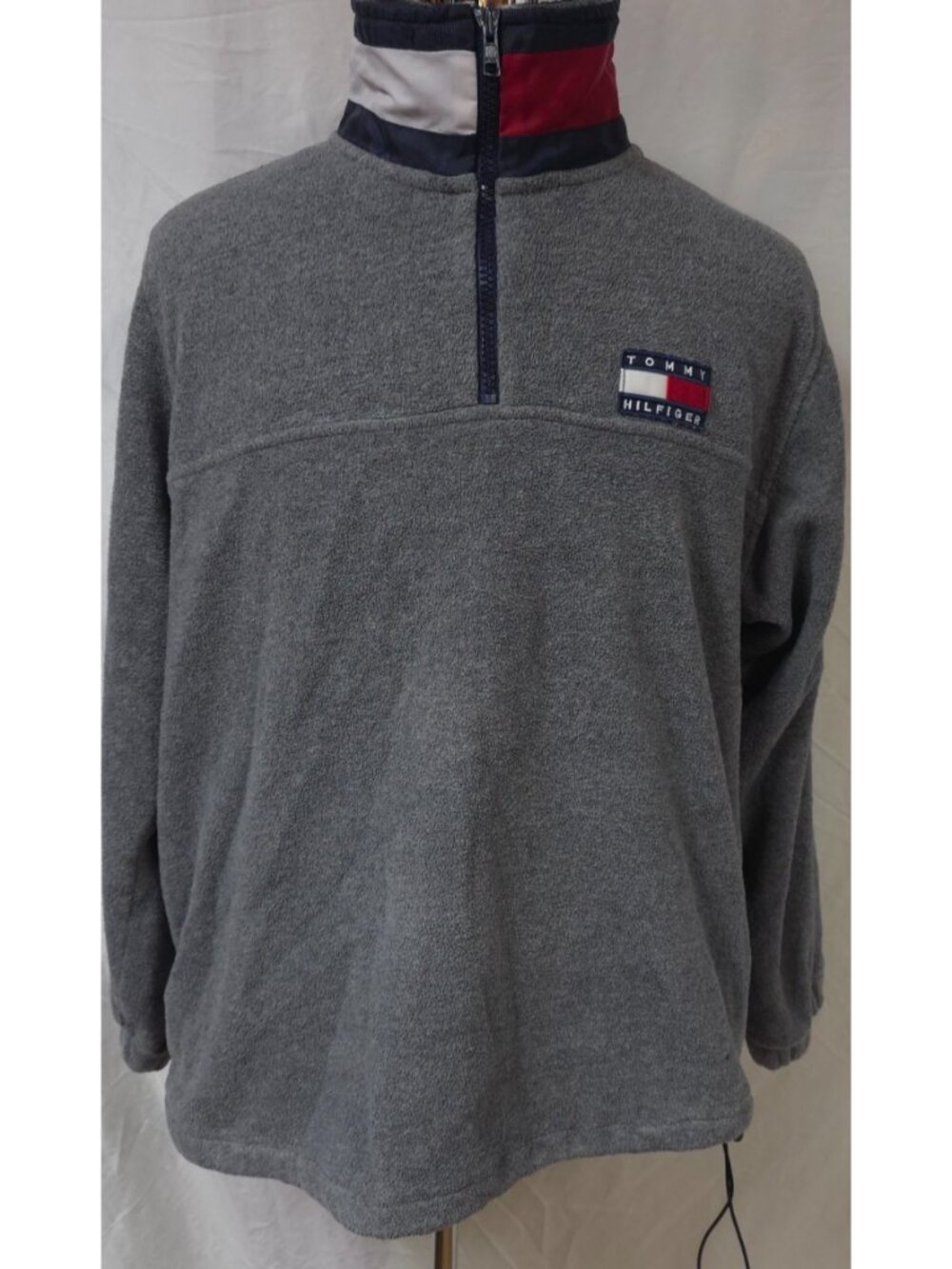 VTG Tommy Hilfiger Mens Large Grey Fleece Quarter Zip Logo Sweater Sweatshirt